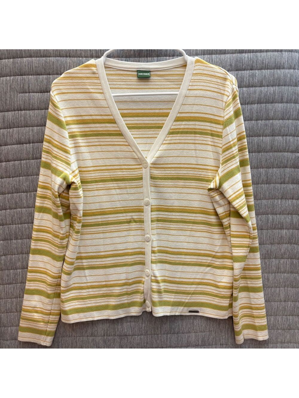 VTG Geiger Striped Button-Up Cardigan Sweater White, Mustard, Green Size Large